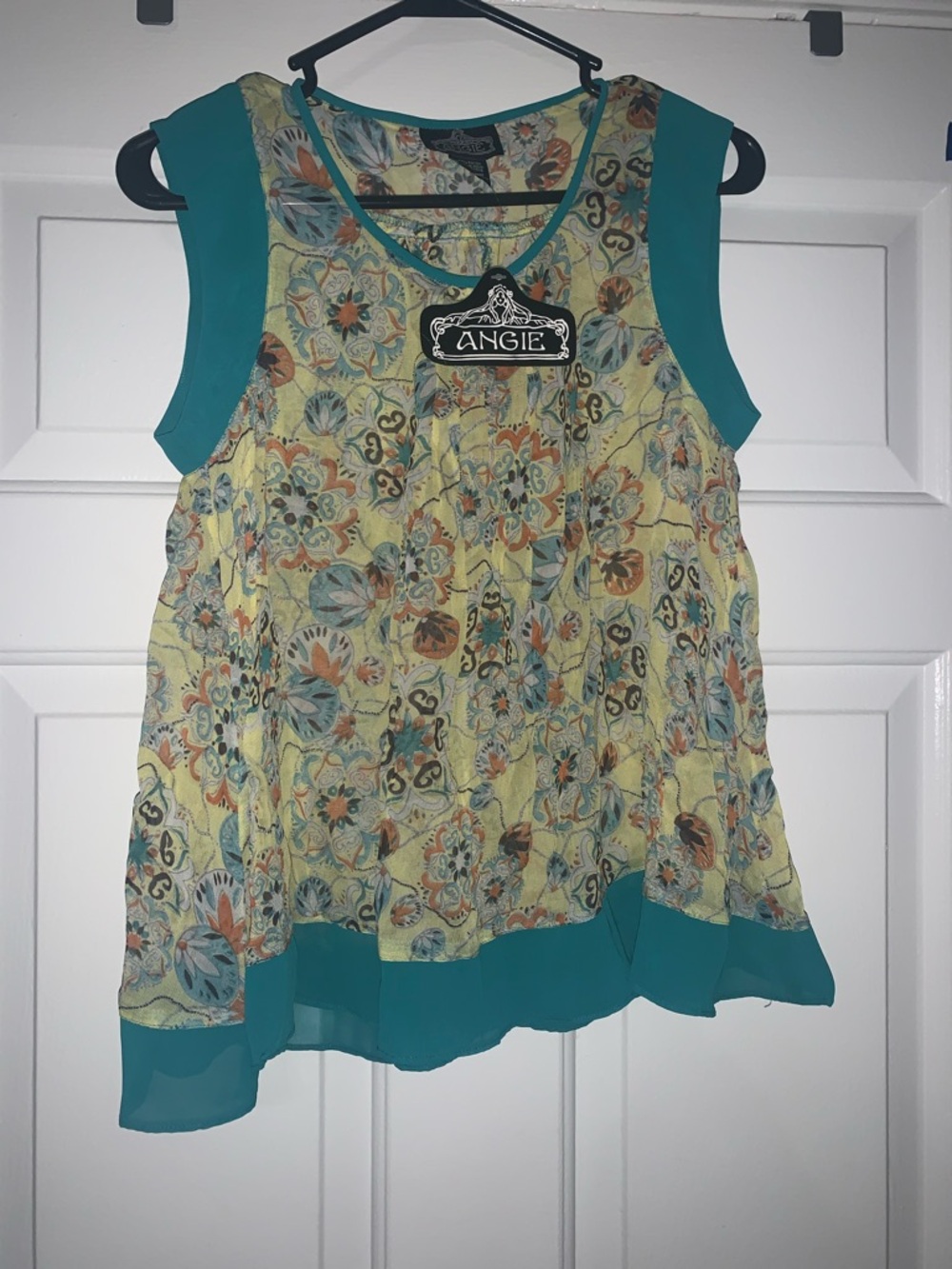 Angie Teal & Yellow Floral Layered Chiffon Tank